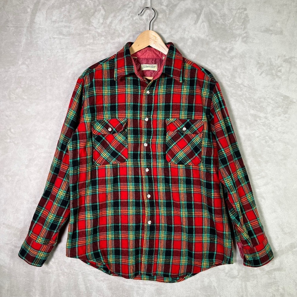 Vintage St Johns Bay 100% Wool Flannel Shirt Mens L Red Plaid Double Pocket 90s